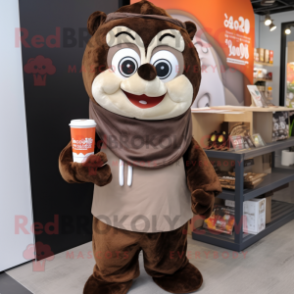 Brown Moussaka mascot costume character dressed with a Overalls and Scarves
