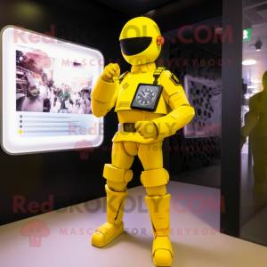 Yellow Soldier mascot costume character dressed with a Graphic Tee and Digital watches