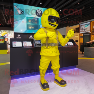 Yellow Soldier mascot costume character dressed with a Graphic Tee and Digital watches