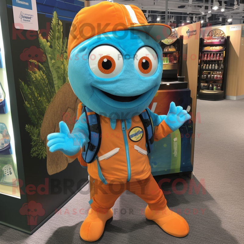 Turquoise Orange mascot costume character dressed with a Jacket and Backpacks Turquoise Orange mascot costume character dressed with a Jacket and Backpacks