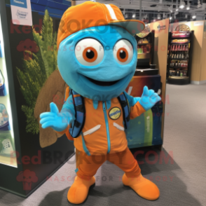 Turquoise Orange mascot costume character dressed with a Jacket and Backpacks