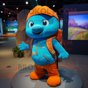 Turquoise Orange mascot costume character dressed with a Jacket and Backpacks