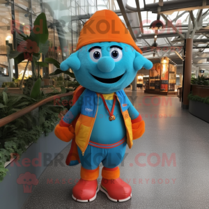 Turquoise Orange mascot costume character dressed with a Jacket and Backpacks