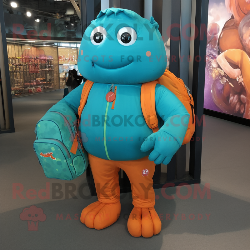 Turquoise Orange mascot costume character dressed with a Jacket and Backpacks