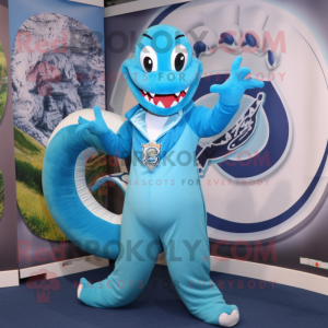 Sky Blue Hydra mascot costume character dressed with a Blazer and Rings