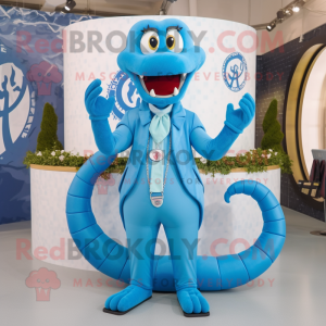 Sky Blue Hydra mascot costume character dressed with a Blazer and Rings