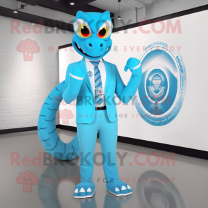 Sky Blue Hydra mascot costume character dressed with a Blazer and Rings