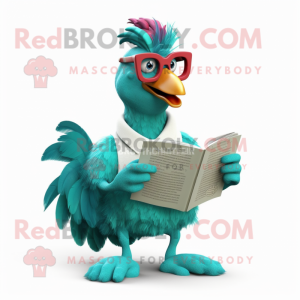 Turquoise Rooster mascot costume character dressed with a Bermuda Shorts and Reading glasses
