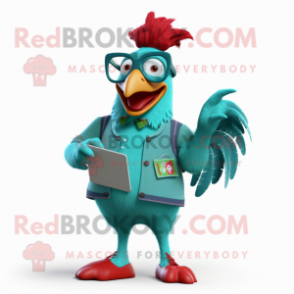 Turquoise Rooster mascot costume character dressed with a Bermuda Shorts and Reading glasses