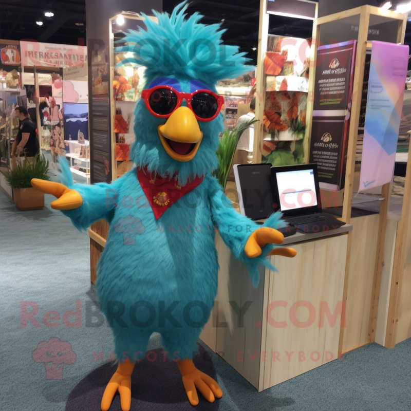 Turquoise Rooster mascot costume character dressed with a Bermuda Shorts and Reading glasses