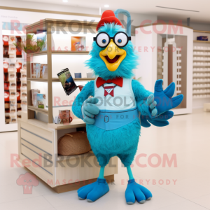 Turquoise Rooster mascot costume character dressed with a Bermuda Shorts and Reading glasses