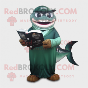 Forest Green Megalodon mascot costume character dressed with a Maxi Dress and Reading glasses