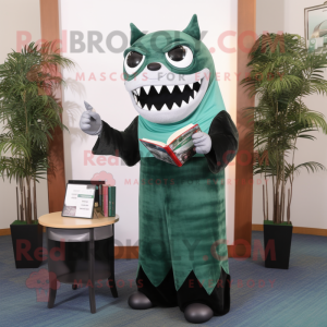 Forest Green Megalodon mascot costume character dressed with a Maxi Dress and Reading glasses