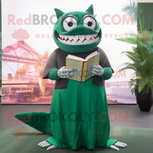 Forest Green Megalodon mascot costume character dressed with a Maxi Dress and Reading glasses