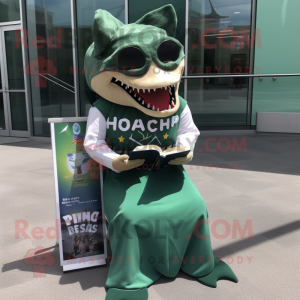 Forest Green Megalodon mascot costume character dressed with a Maxi Dress and Reading glasses