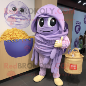 Lavender Ramen mascot costume character dressed with a Hoodie and Messenger bags