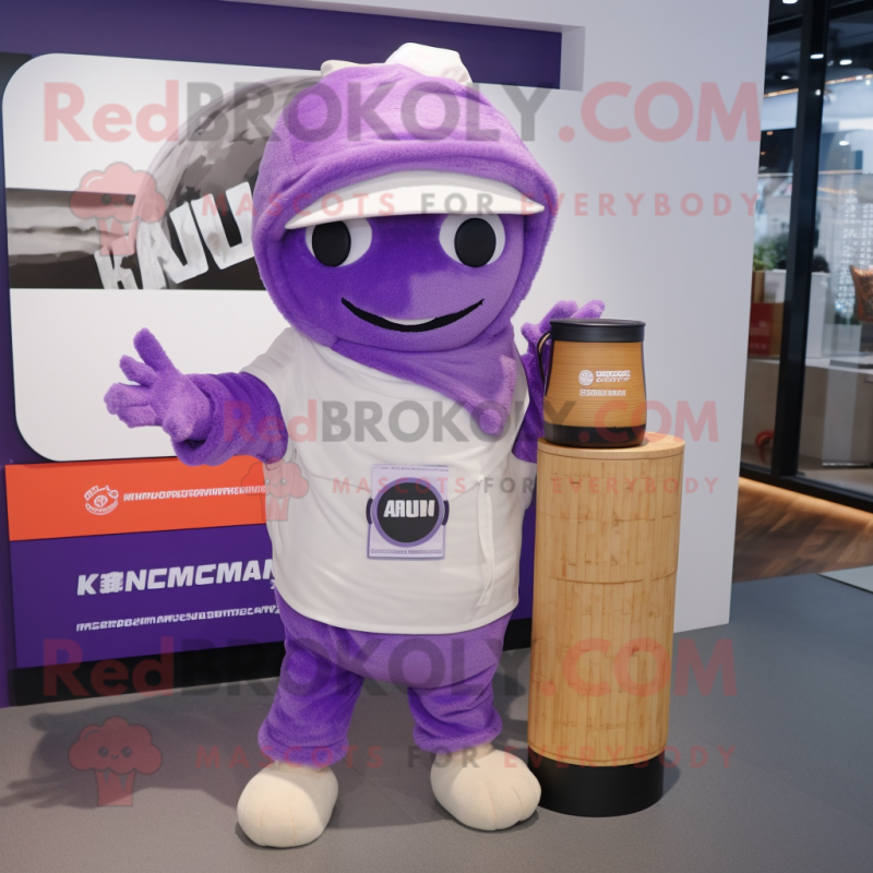 Lavender Ramen mascot costume character dressed with a Hoodie and Messenger bags Lavender Ramen mascot costume character dressed with a Hoodie and Messenger bags