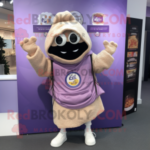 Lavender Ramen mascot costume character dressed with a Hoodie and Messenger bags