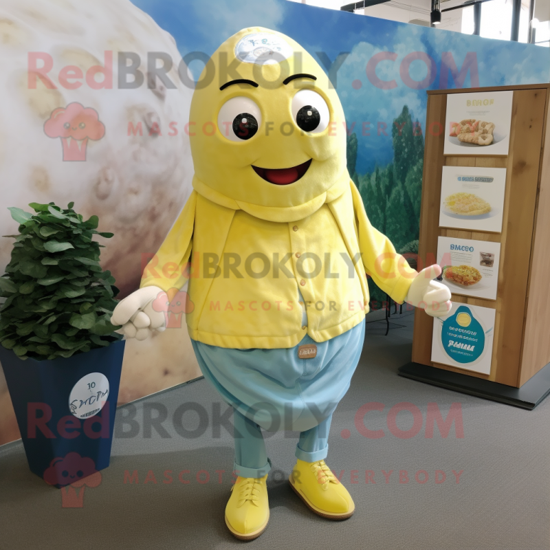 Lemon Yellow Oyster mascot costume character dressed with a Chambray Shirt and Cummerbunds