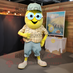 Lemon Yellow Oyster mascot costume character dressed with a Chambray Shirt and Cummerbunds