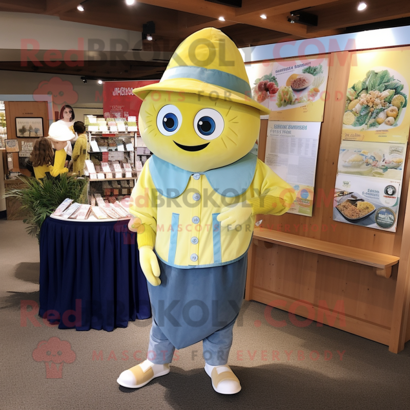 Lemon Yellow Oyster mascot costume character dressed with a Chambray Shirt and Cummerbunds Lemon Yellow Oyster mascot costume character dressed with a Chambray Shirt and Cummerbunds