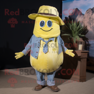 Lemon Yellow Oyster mascot costume character dressed with a Chambray Shirt and Cummerbunds