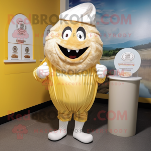 Gold Clam Chowder mascot costume character dressed with a Romper and Cummerbunds