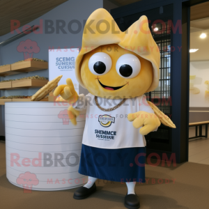 Gold Clam Chowder mascot costume character dressed with a Romper and Cummerbunds