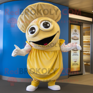 Gold Clam Chowder mascot costume character dressed with a Romper and Cummerbunds