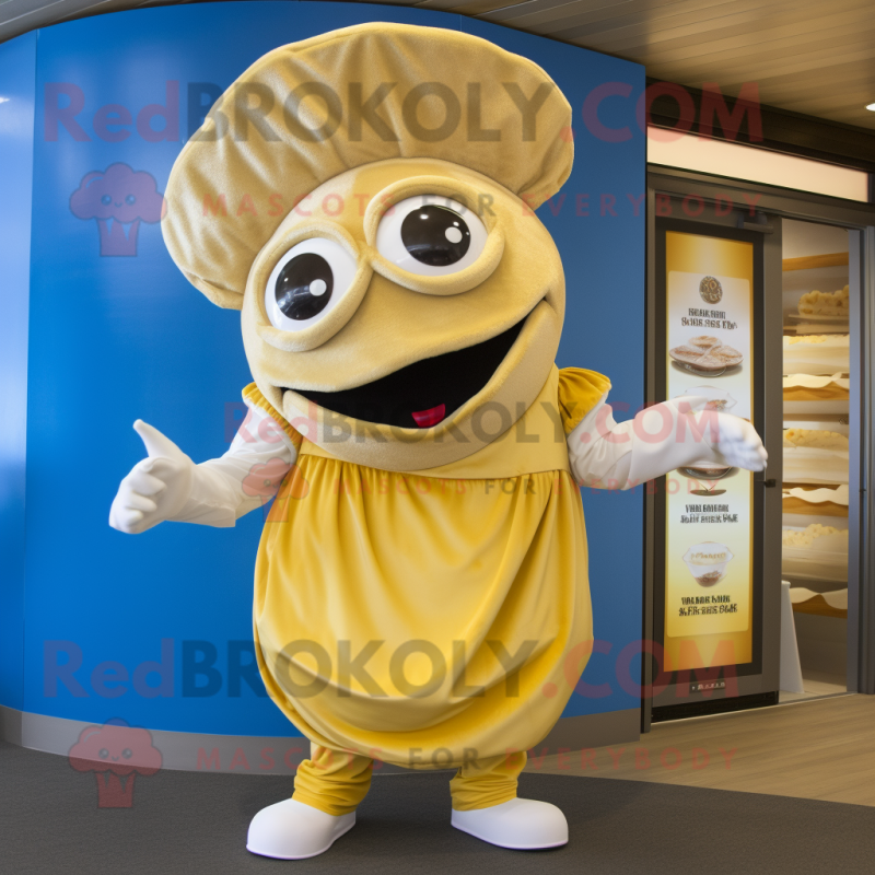Gold Clam Chowder mascot costume character dressed with a Romper and Cummerbunds Gold Clam Chowder mascot costume character dressed with a Romper and Cummerbunds