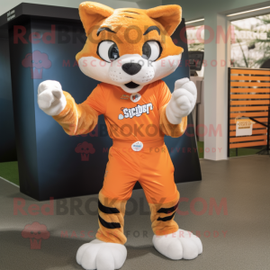 Orange Bobcat mascot costume character dressed with a Playsuit and Belts