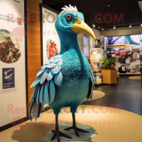 Cyan Guinea Fowl mascot costume character dressed with a Graphic Tee and Shoe clips