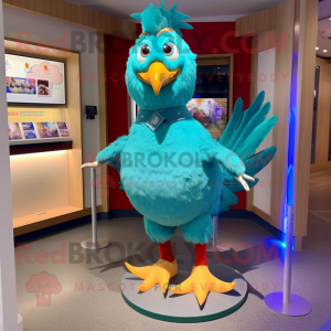 Turquoise Chicken mascot costume character dressed with a Shorts and Shoe clips