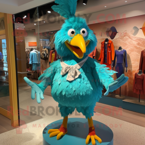 Turquoise Chicken mascot costume character dressed with a Shorts and Shoe clips