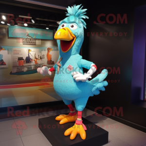 Turquoise Chicken mascot costume character dressed with a Shorts and Shoe clips