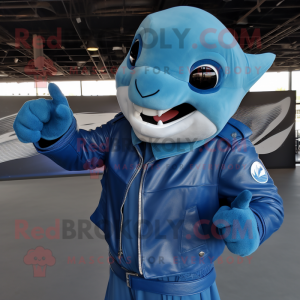 Sky Blue Dolphin mascot costume character dressed with a Moto Jacket and Wraps