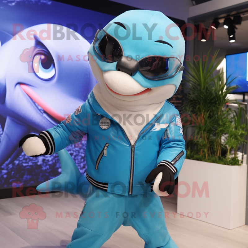 Sky Blue Dolphin mascot costume character dressed with a Moto Jacket and Wraps