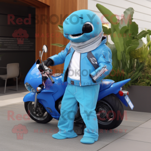 Sky Blue Dolphin mascot costume character dressed with a Moto Jacket and Wraps