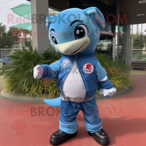 Sky Blue Dolphin mascot costume character dressed with a Moto Jacket and Wraps