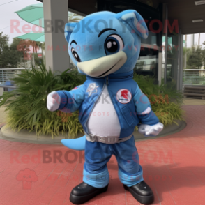 Sky Blue Dolphin mascot costume character dressed with a Moto Jacket and Wraps