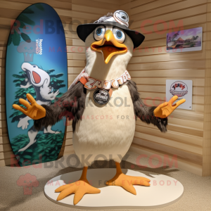 Beige Crow mascot costume character dressed with a Board Shorts and Rings