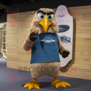 Beige Crow mascot costume character dressed with a Board Shorts and Rings