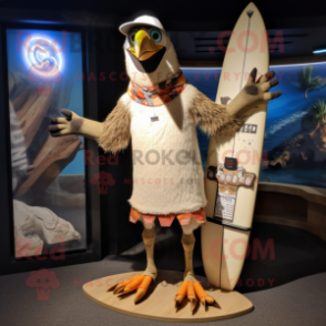 Beige Crow mascot costume character dressed with a Board Shorts and Rings