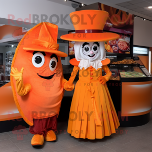 Orange Tacos mascot costume character dressed with a Evening Gown and Berets