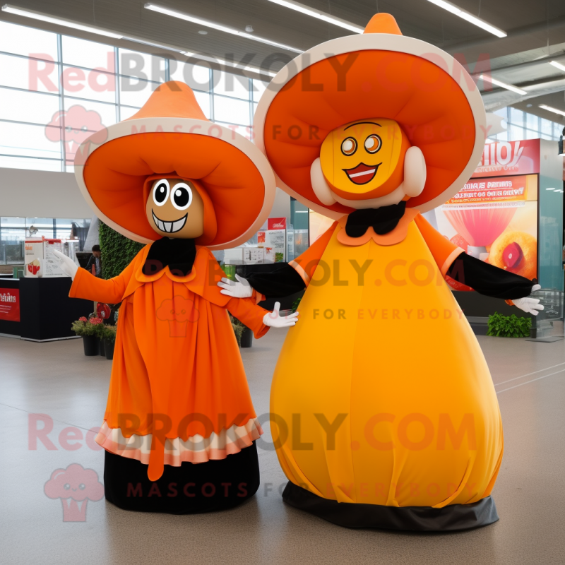 Orange Tacos mascot costume character dressed with a Evening Gown and Berets Orange Tacos mascot costume character dressed with a Evening Gown and Berets