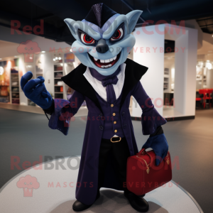 Navy Vampire mascot costume character dressed with a Suit Jacket and Handbags