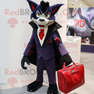 Navy Vampire mascot costume character dressed with a Suit Jacket and Handbags