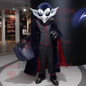 Navy Vampire mascot costume character dressed with a Suit Jacket and Handbags