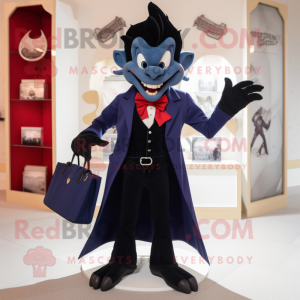 Navy Vampire mascot costume character dressed with a Suit Jacket and Handbags