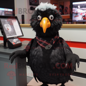 Black Chicken mascot costume character dressed with a Oxford Shirt and Scarf clips